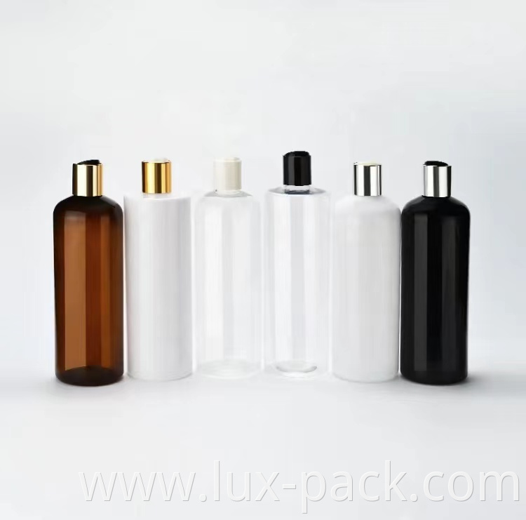 Wholesale Customized Empty Shampoo PET Plastic Bottle With Gold Black White Disc Top Cap
